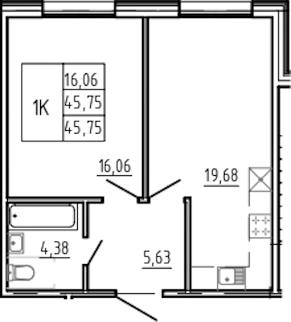 1-комнатная квартира 45.75 м², 1/5 эт., Комплекс апартаментов «Bereg. Курортный»